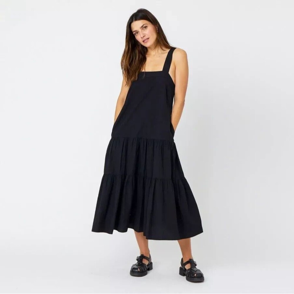 Kerri Rosenthal Jean Midi Dress Sleeveless Embroidered Cotton Black M NEW 270571